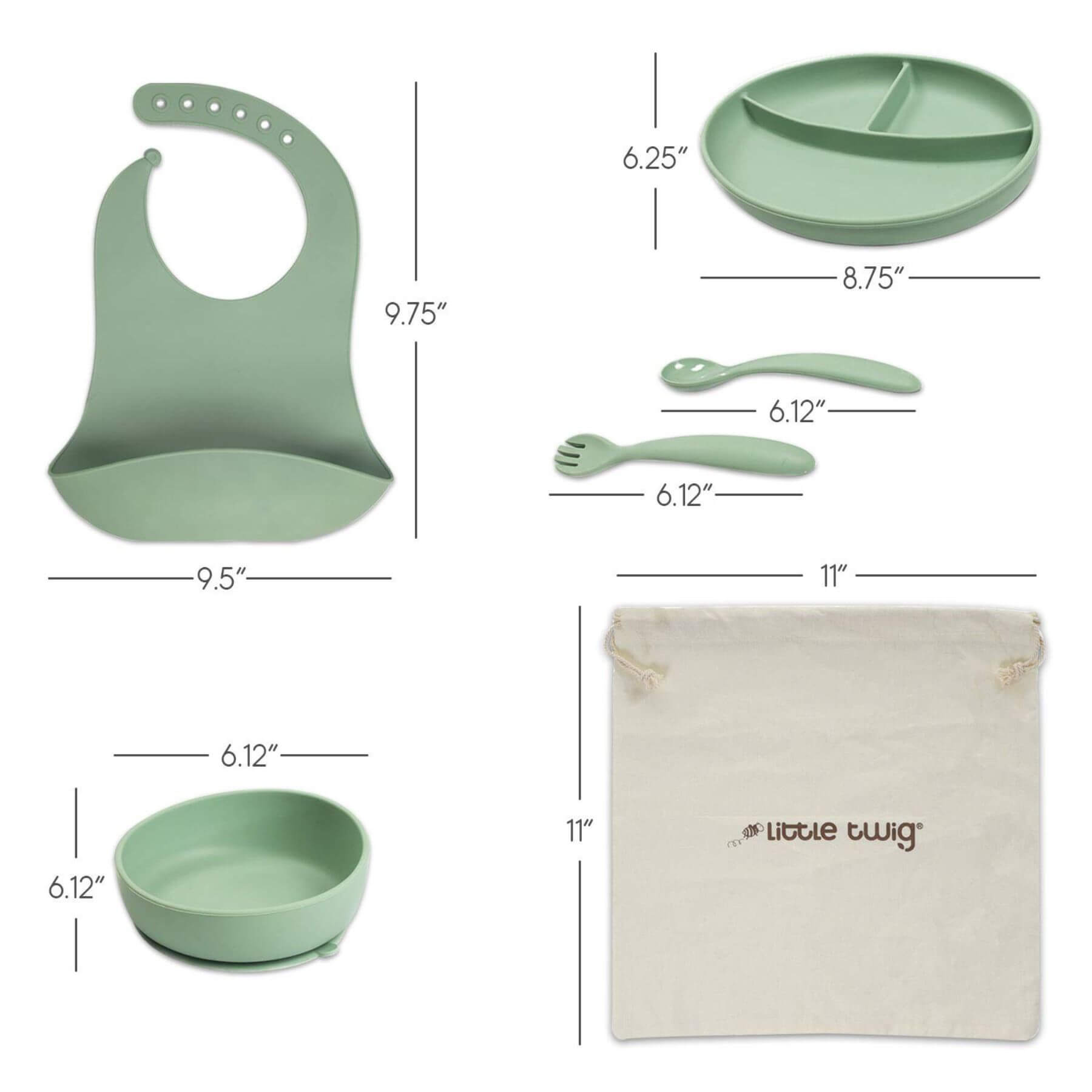 Dimensions of Little Twig Silicone 6 Pc Feeding Set Sage