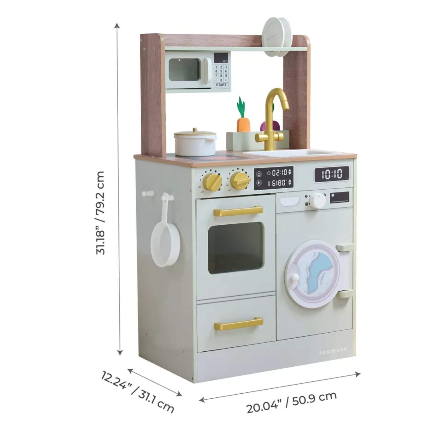 Teamson Kids Little Chef Lake Tahoe Wooden Play Kitchen Green with measurements on a white background