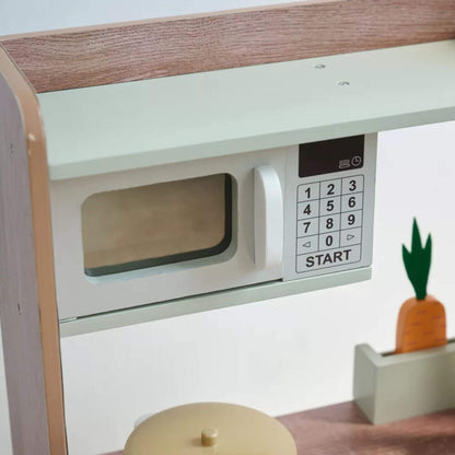 Children's toy microwave oven with wooden top and digital control panel on a white background