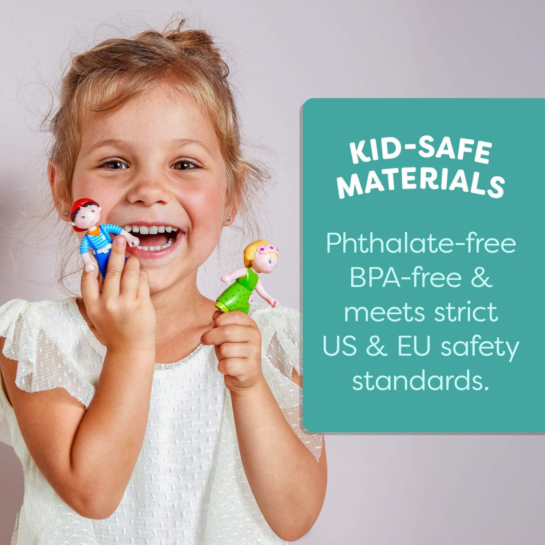 Child holding two toys with a text box about kid-safe materials on a light gray background