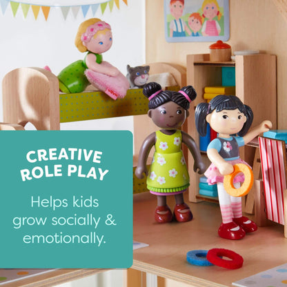 Toy figures in a playroom setting with educational text about creative role play.