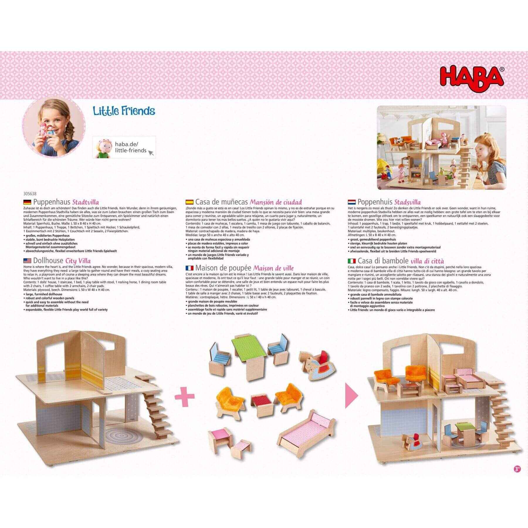 Back of package of Little Friends Dollhouse Town Villa with Furniture