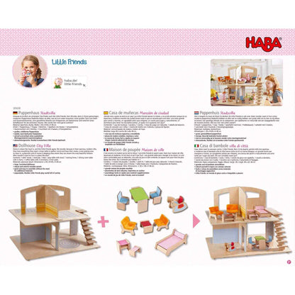 Back of package of Little Friends Dollhouse Town Villa with Furniture