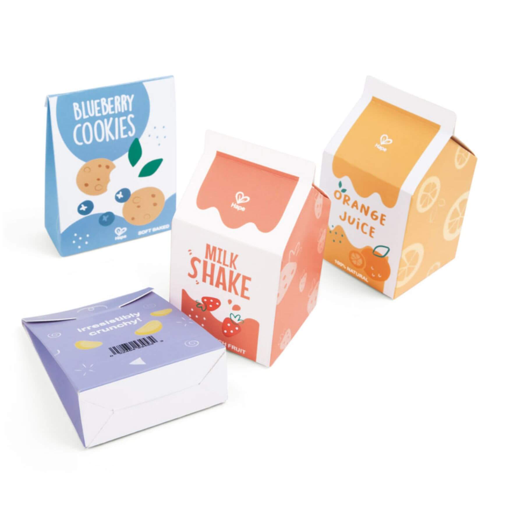 Four small cardboard boxes labeled 'Blueberry Cookies', 'Milk Shake', and 'Orange Juice' on a white background.