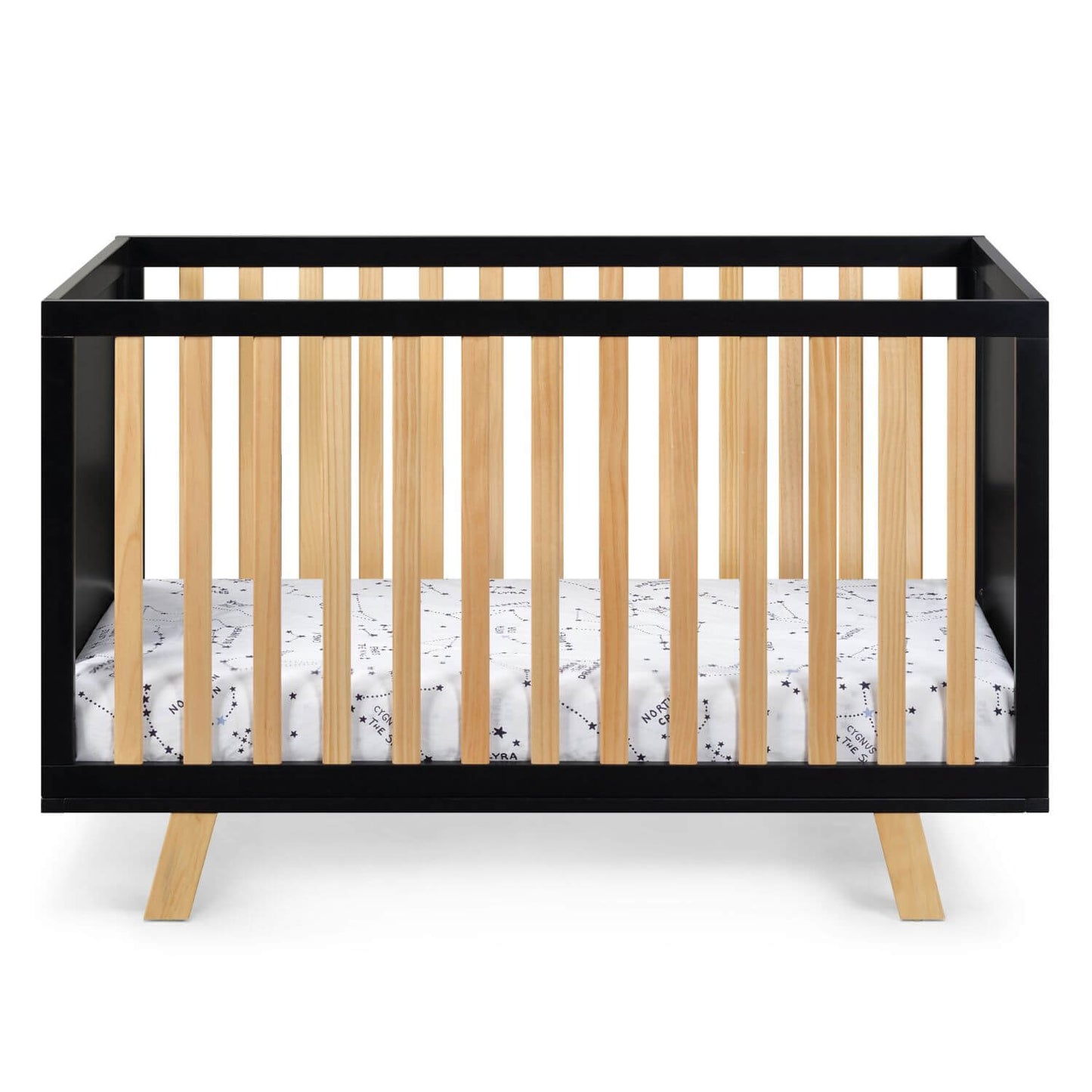 Front View of Livia 3-in-1 Convertible Island Crib Black/Natural