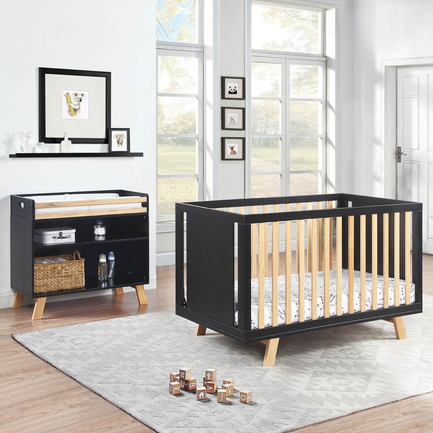 Livia 3-in-1 Convertible Island Crib w/ Changing Table Black/Natural