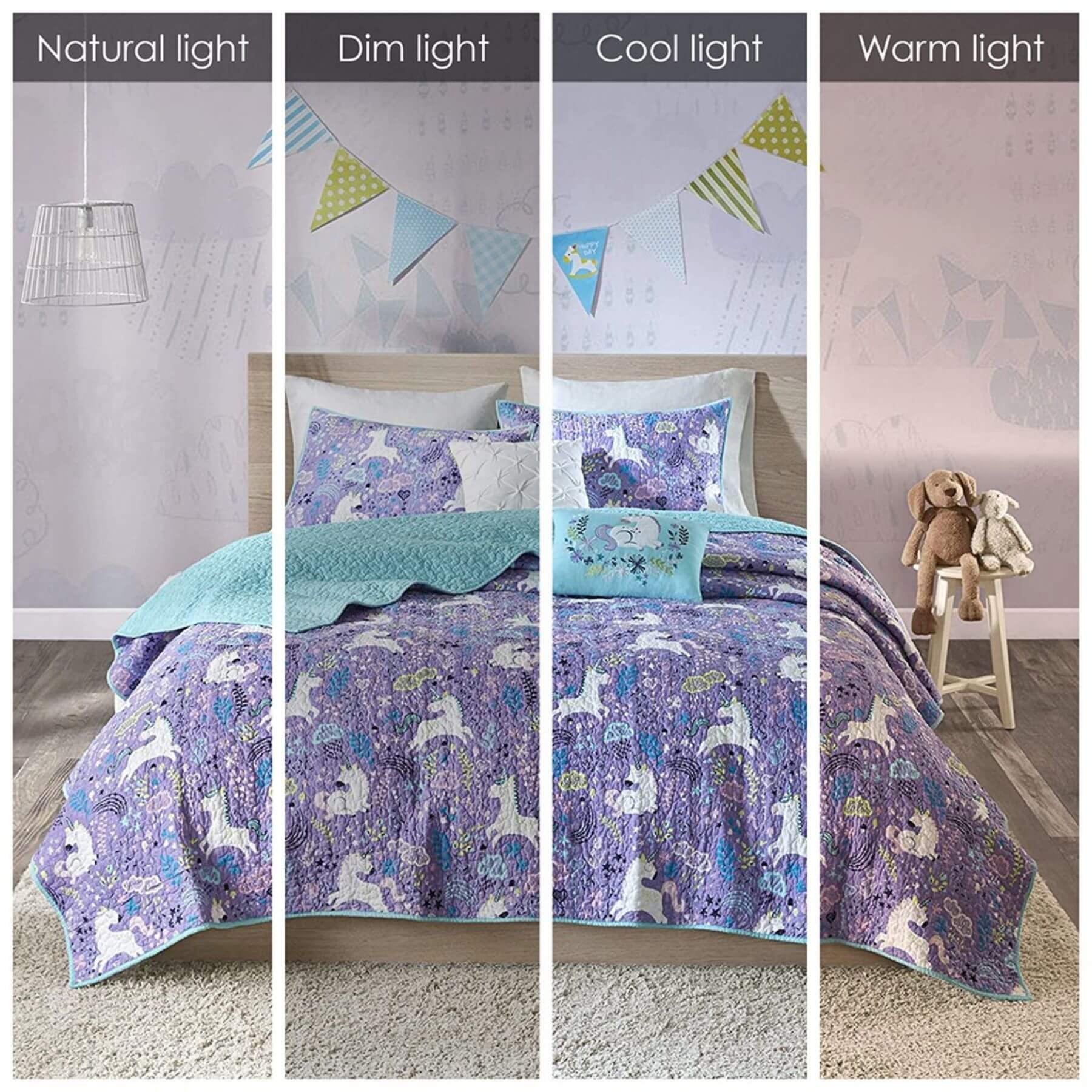 Lola Unicorn Reversible Cotton Quilt Set Purple - View Under 4 Degrees of Light
