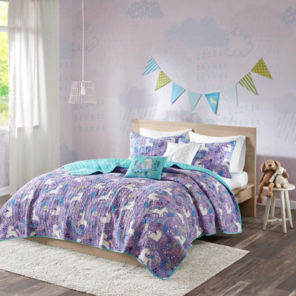 Lola Unicorn Reversible Cotton Quilt Set Purple