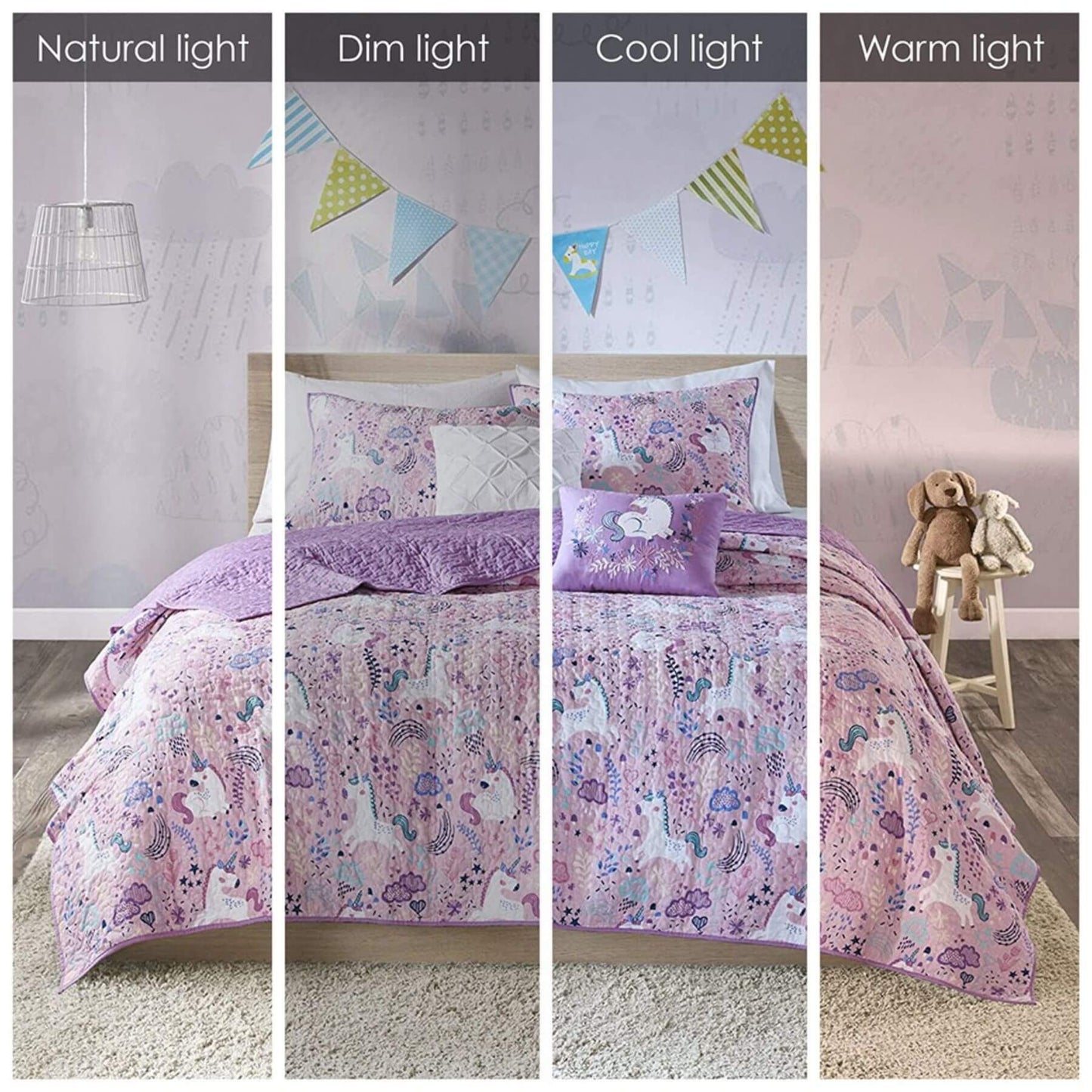 Lola Unicorn Reversible Cotton Quilt Set Pink - View Under 4 Degrees of Light