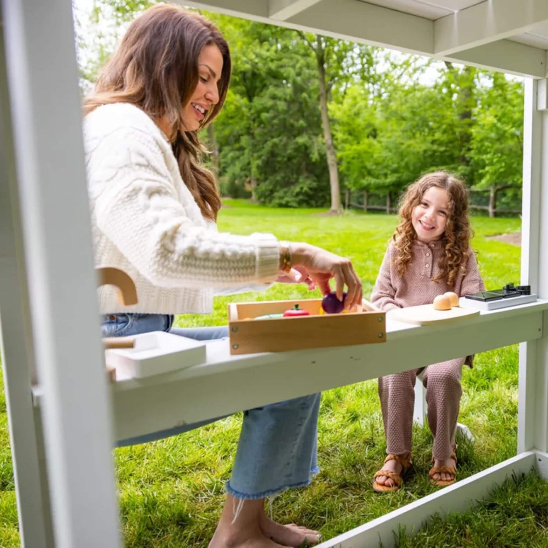 Mom & Girl Sitting on 2MamaBees Londyn Picnic Table