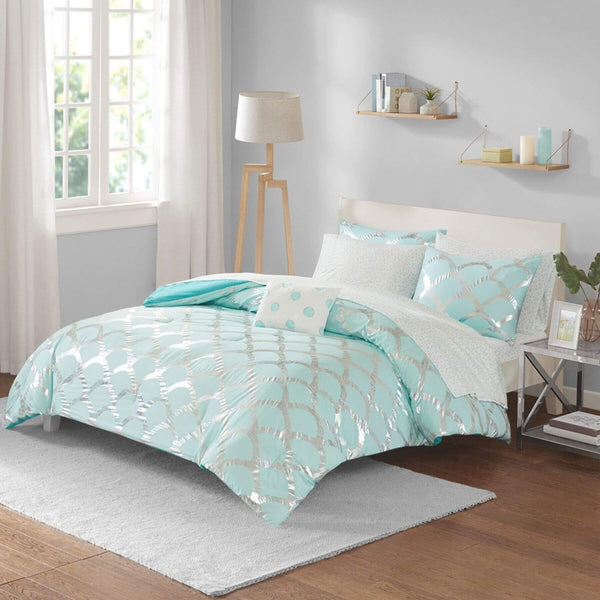 Lorna Metallic Comforter Set Queen Aqua