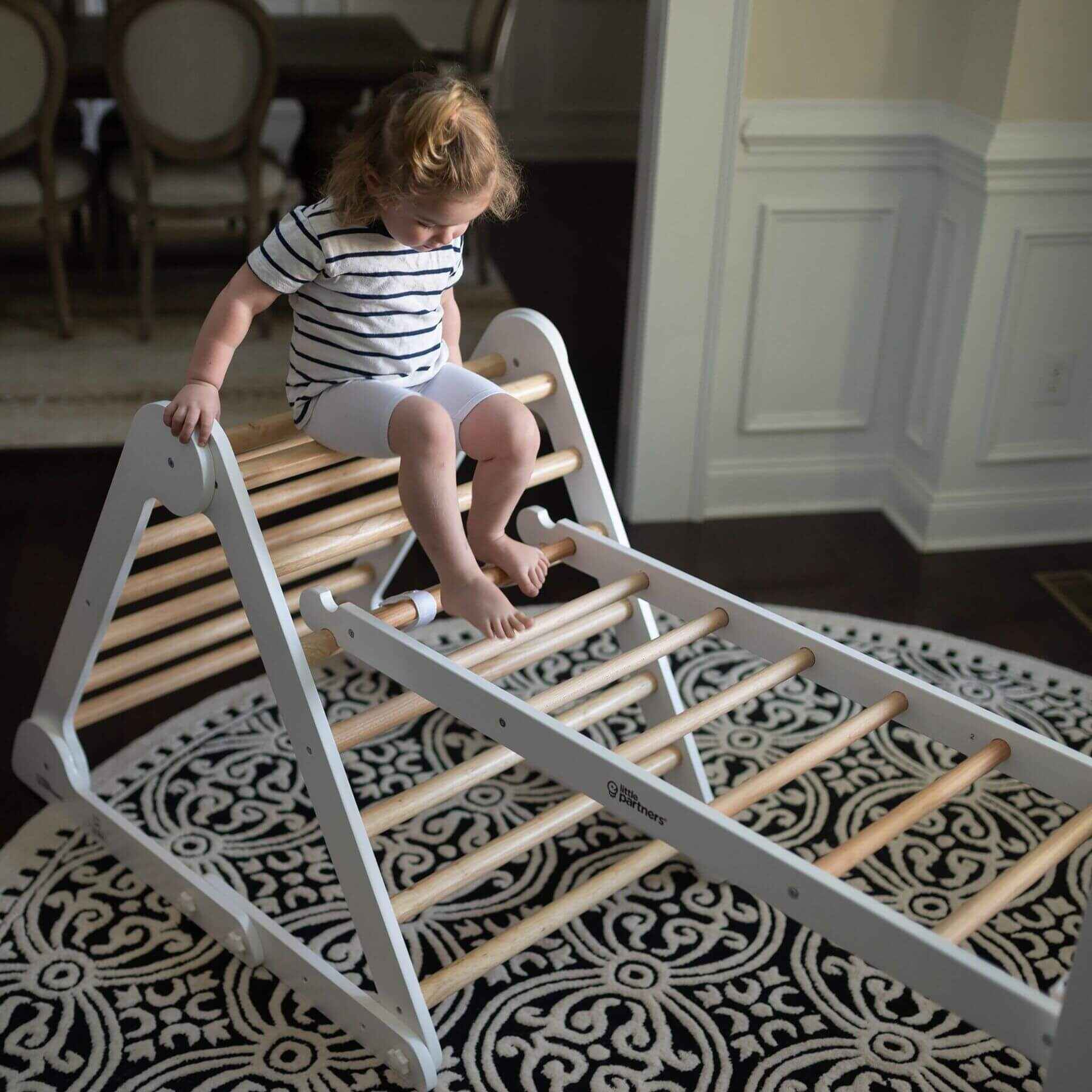 Girl Playing on Little Partners Climbing Ladder White & Natural w/ Triangle