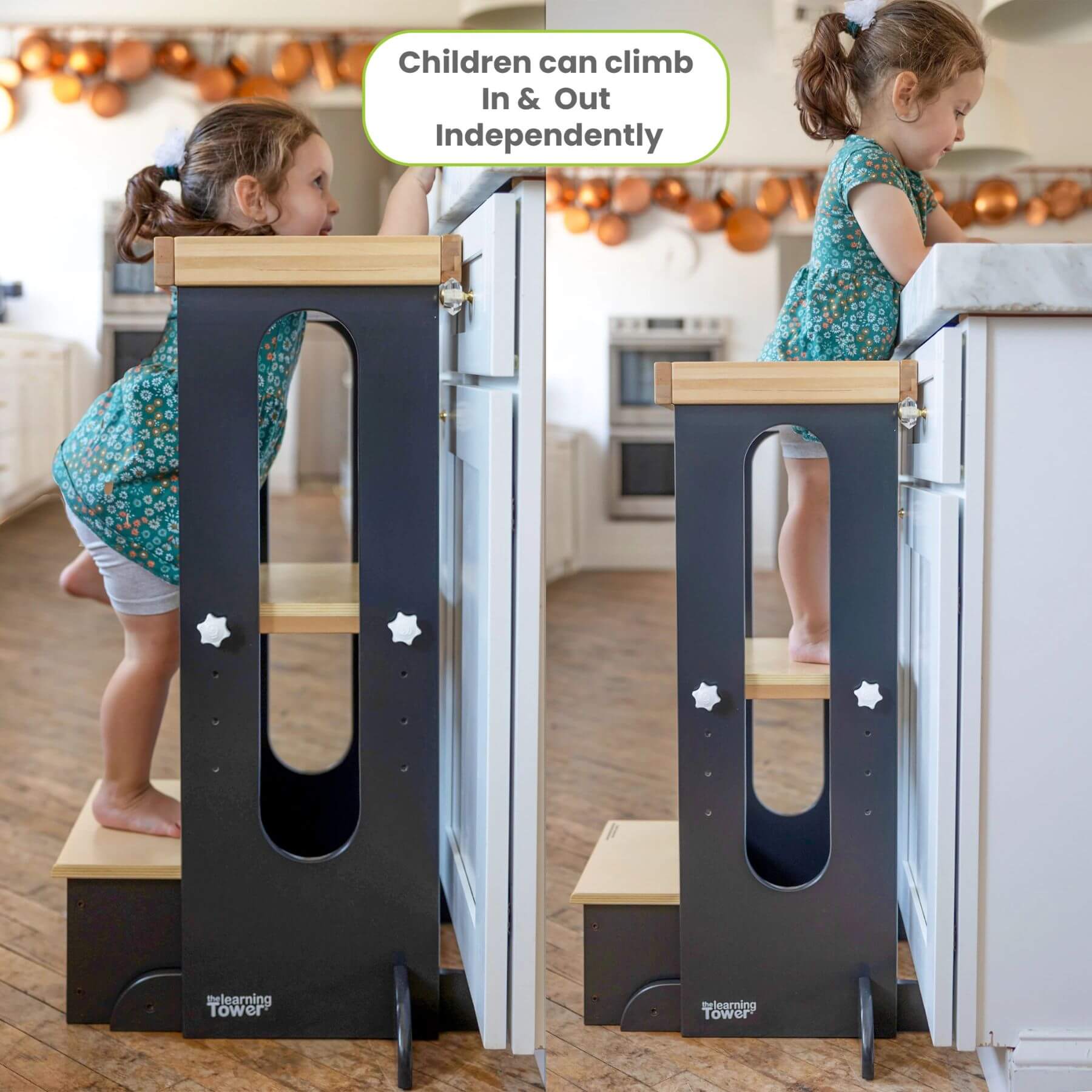 Girl Standing on Little Partners Explore 'N Store Learning Tower Charcoal & Natural