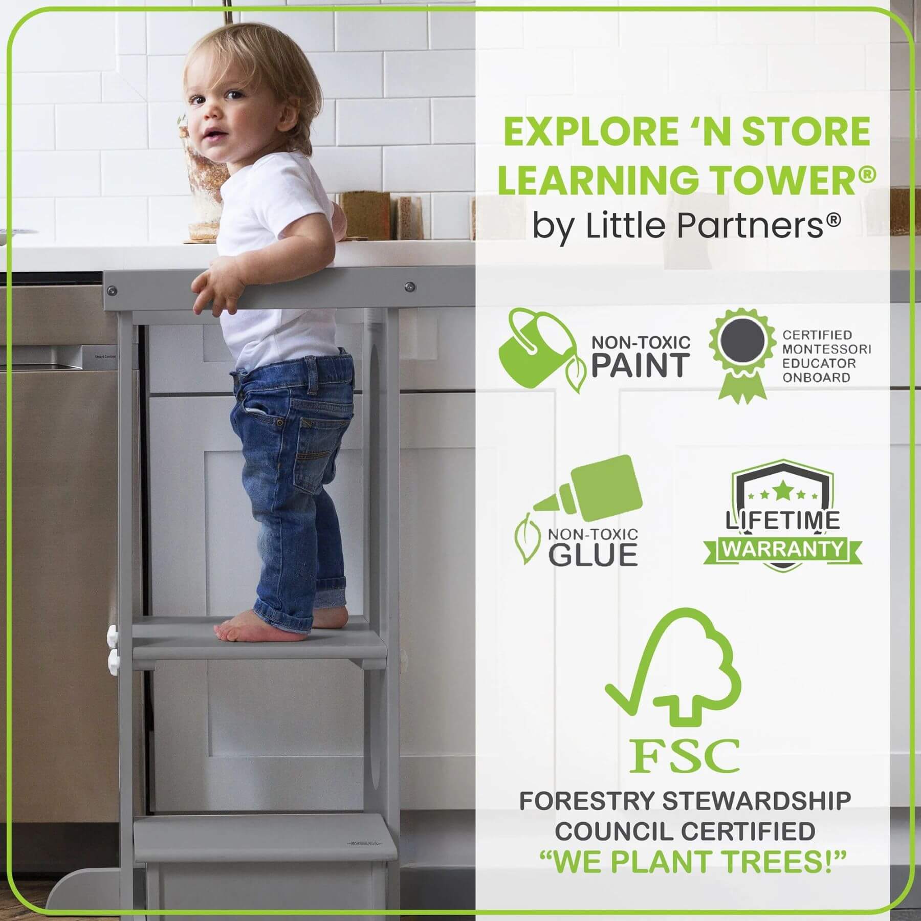Baby Standing on Little Partners Explore 'N Store Learning Tower Silver