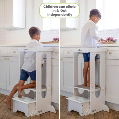 Boy Standing on Little Partners Explore 'N Store Learning Tower White, Cutting Fruits