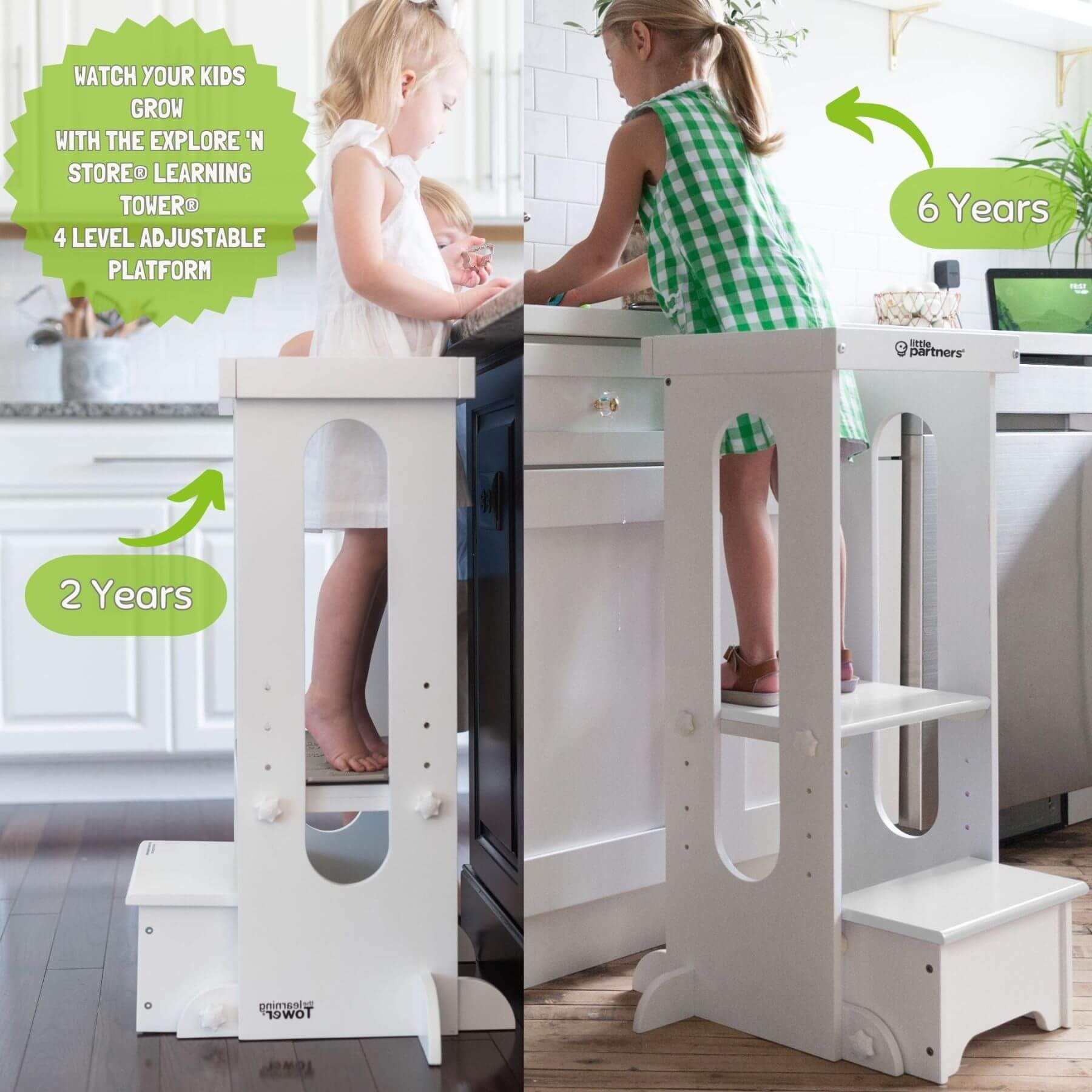 Girl Standing on Little Partners Explore 'N Store Learning Tower White