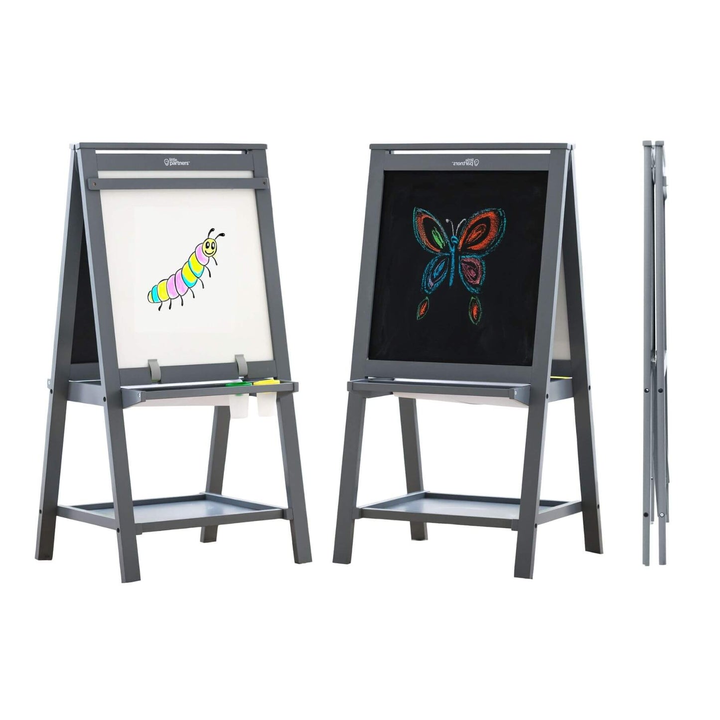 Two Little Partners Folding Artist EZ Easel Grey, displaying colorful drawings of a caterpillar and a butterfly.