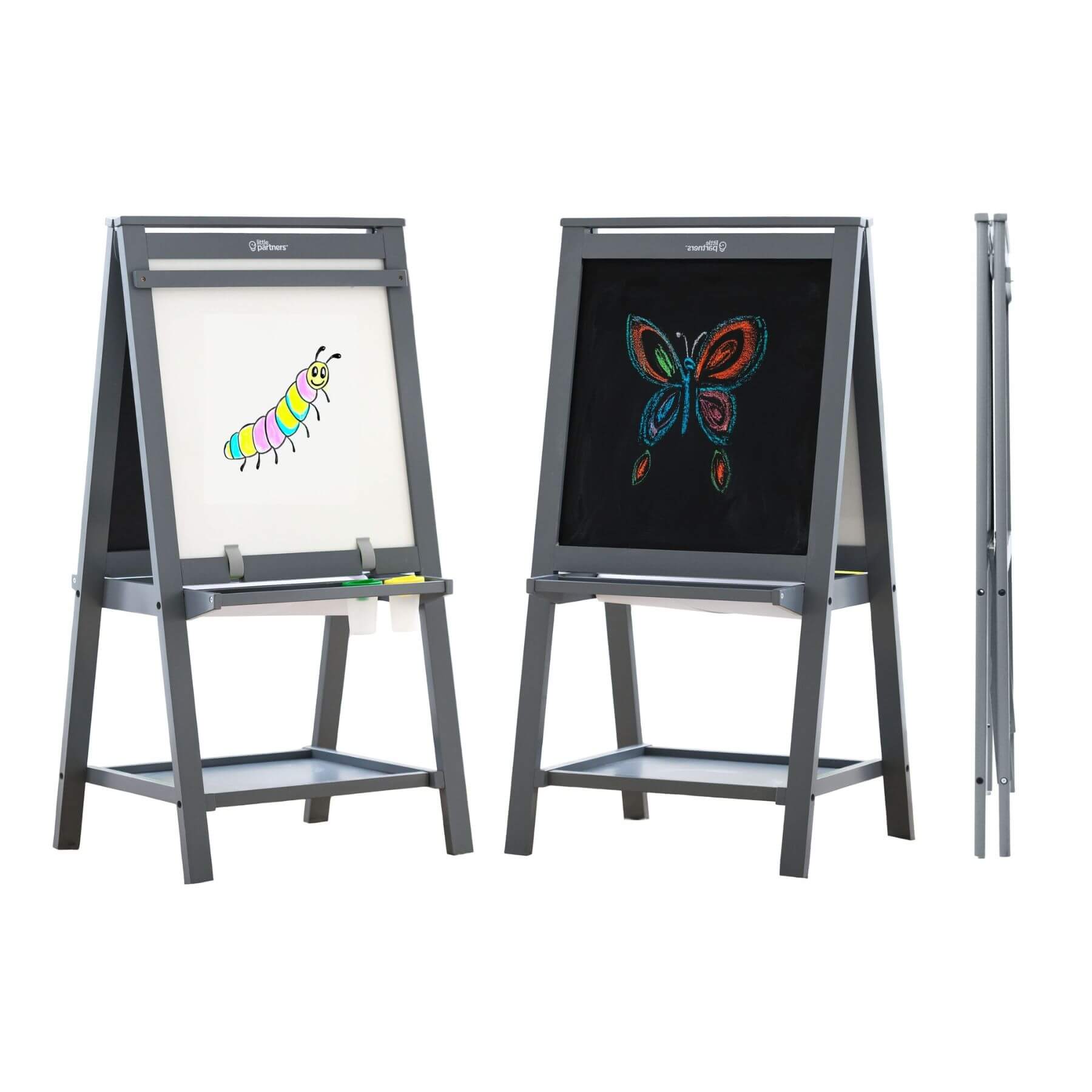 Two Little Partners Folding Artist EZ Easel Grey, displaying colorful drawings of a caterpillar and a butterfly.