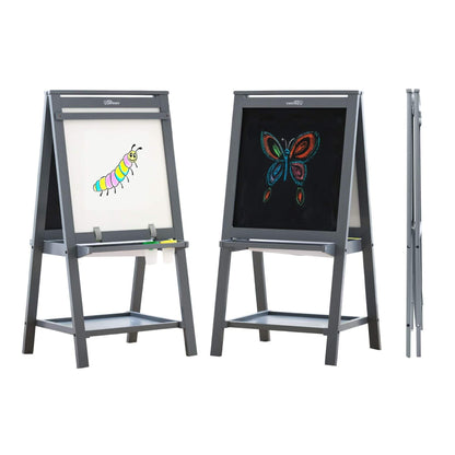 Two Little Partners Folding Artist EZ Easel Grey, displaying colorful drawings of a caterpillar and a butterfly.