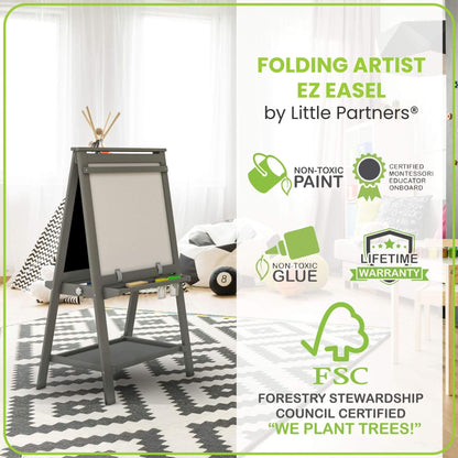 Folding artist easel by Little Partners with certification logos on a white background