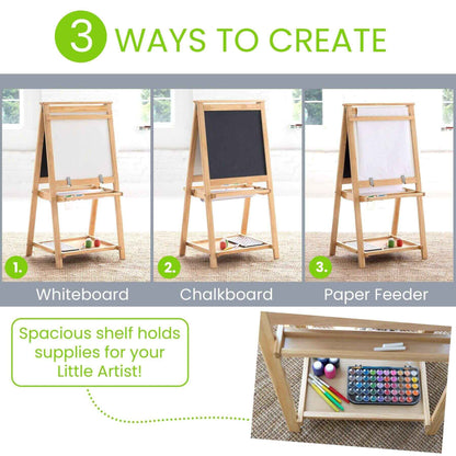 Little Partners Folding Artist EZ Easel Natural with whiteboard, chalkboard, and paper feeder options, featuring a shelf for art supplies.
