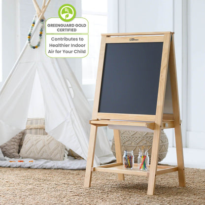 Little Partners Folding Artist EZ Easel Natural in a child's room with a tepee and toys.