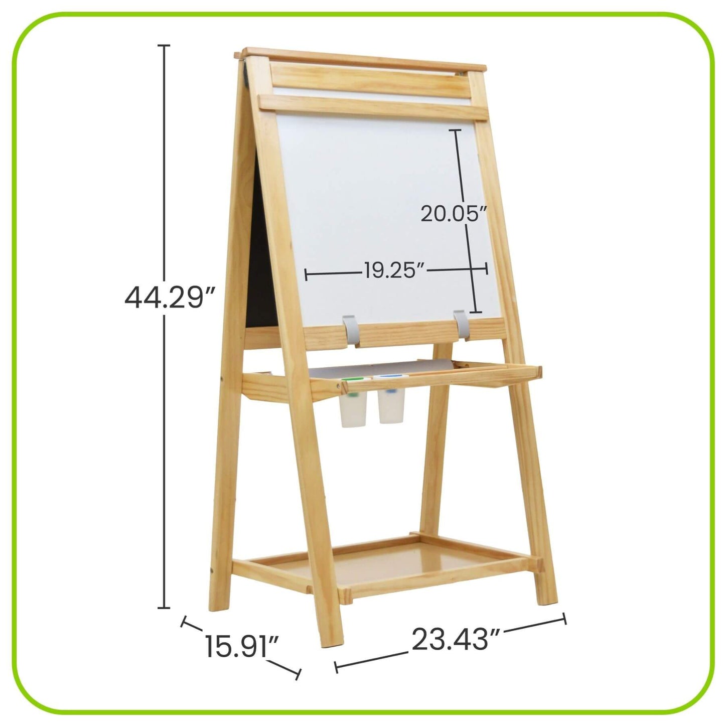 Little Partners Folding Artist EZ Easel Natural with measurements on a white background