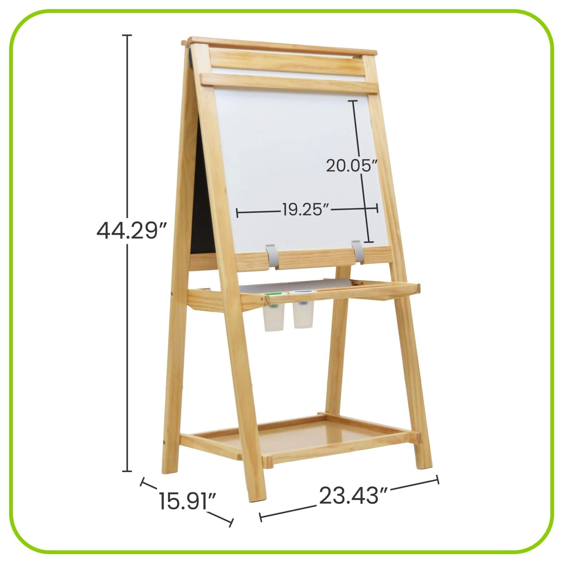 Little Partners Folding Artist EZ Easel Natural with measurements on a white background