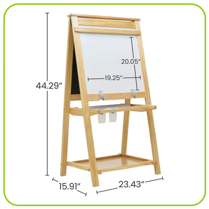 Little Partners Folding Artist EZ Easel Natural with measurements on a white background