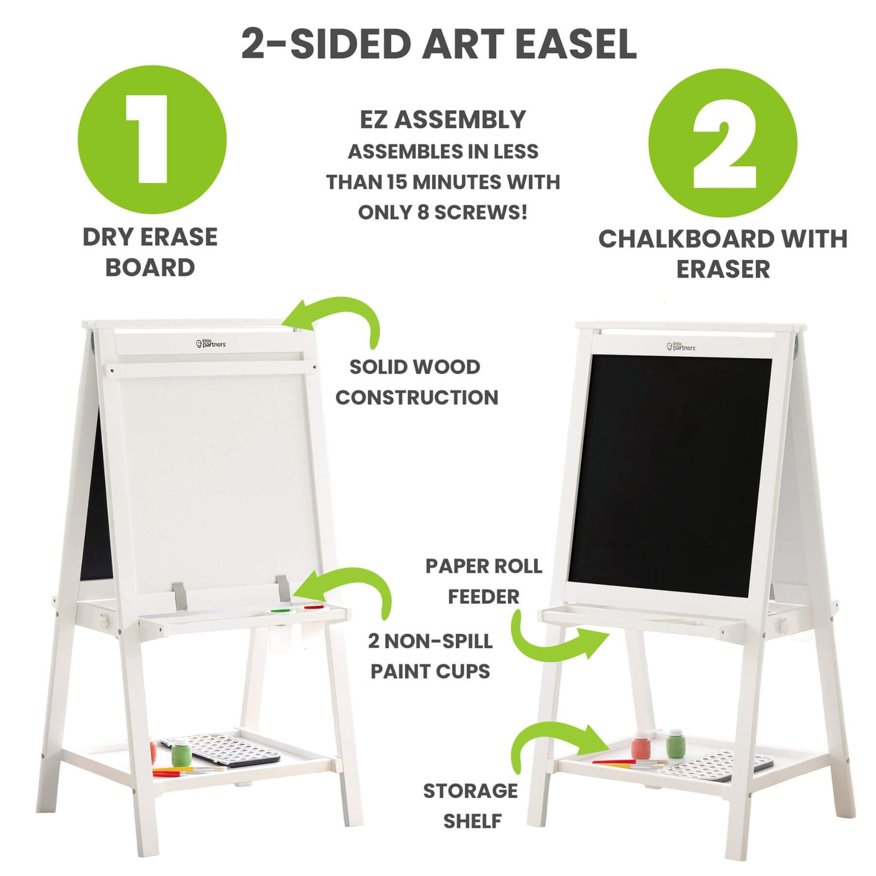 Little Partners Folding Artist EZ Easel White with features highlighted on a white background