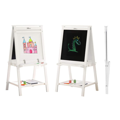 Little Partners Folding Artist EZ Easel White with chalkboard and whiteboard surfaces, displaying colorful drawings.
