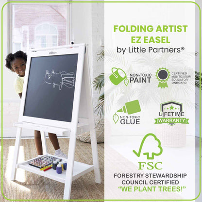 Folding artist EZ easel by Little Partners with child drawing, surrounded by certification logos on a white background.