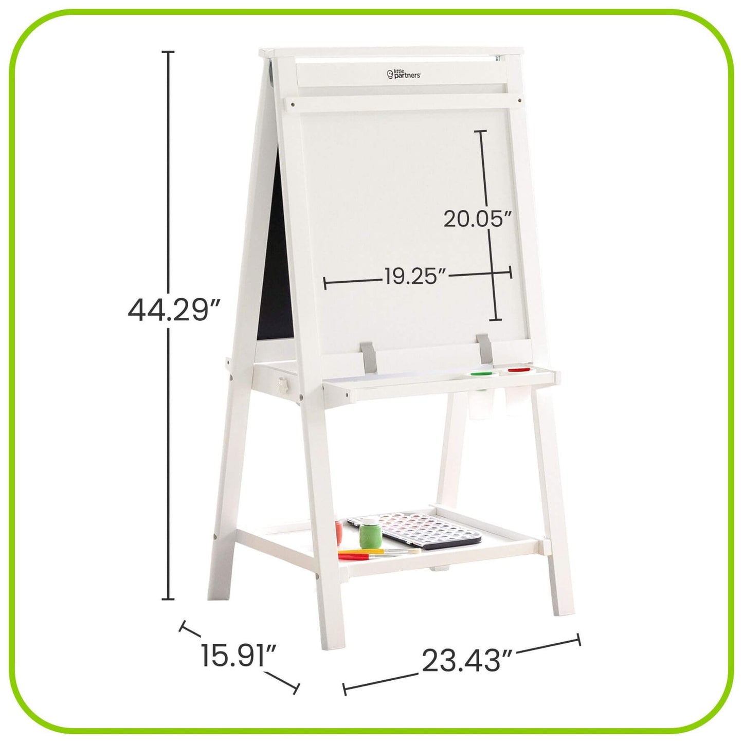 Little Partners Folding Artist EZ Easel White with measurements on a white background