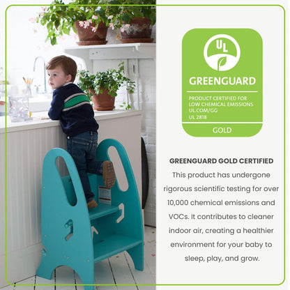 Boy Standing on Little Partners 3-in-1 Growing Step Stool Turquoise