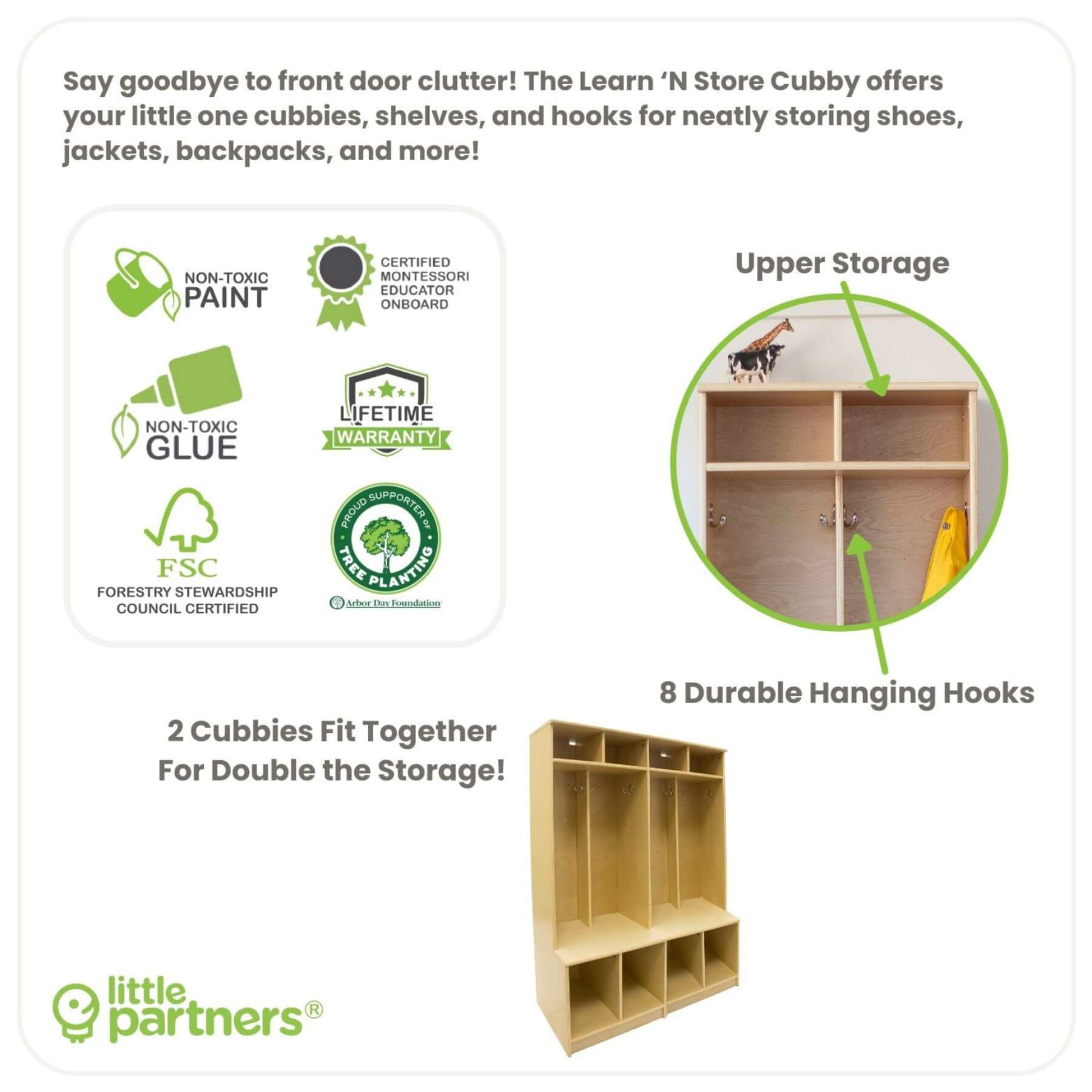 Learn 'N Store Cubby with features highlighted on a white background