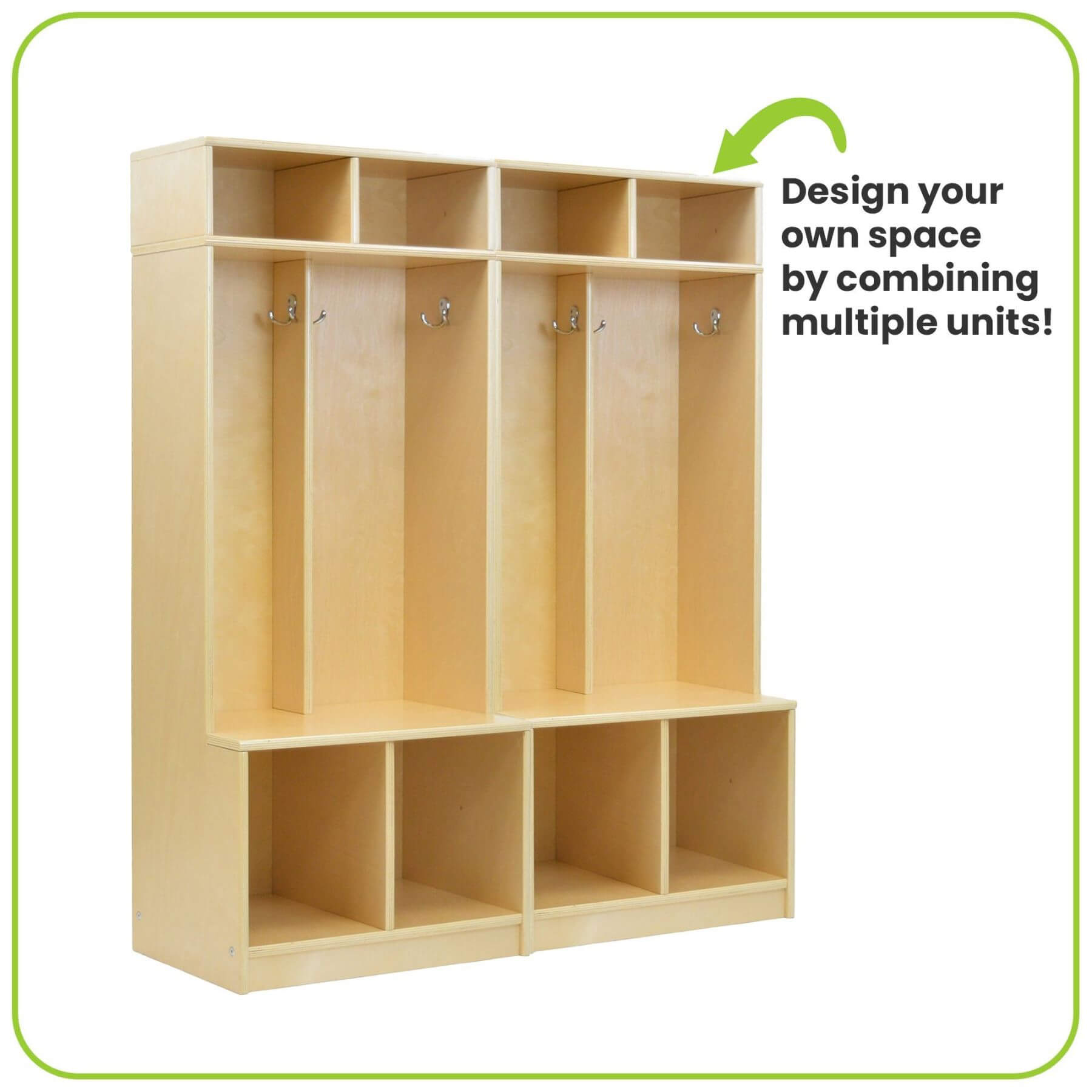 Little Partners Learn 'N Store Cubby Natural with multiple compartments and hooks, designed to be combined for space customization.