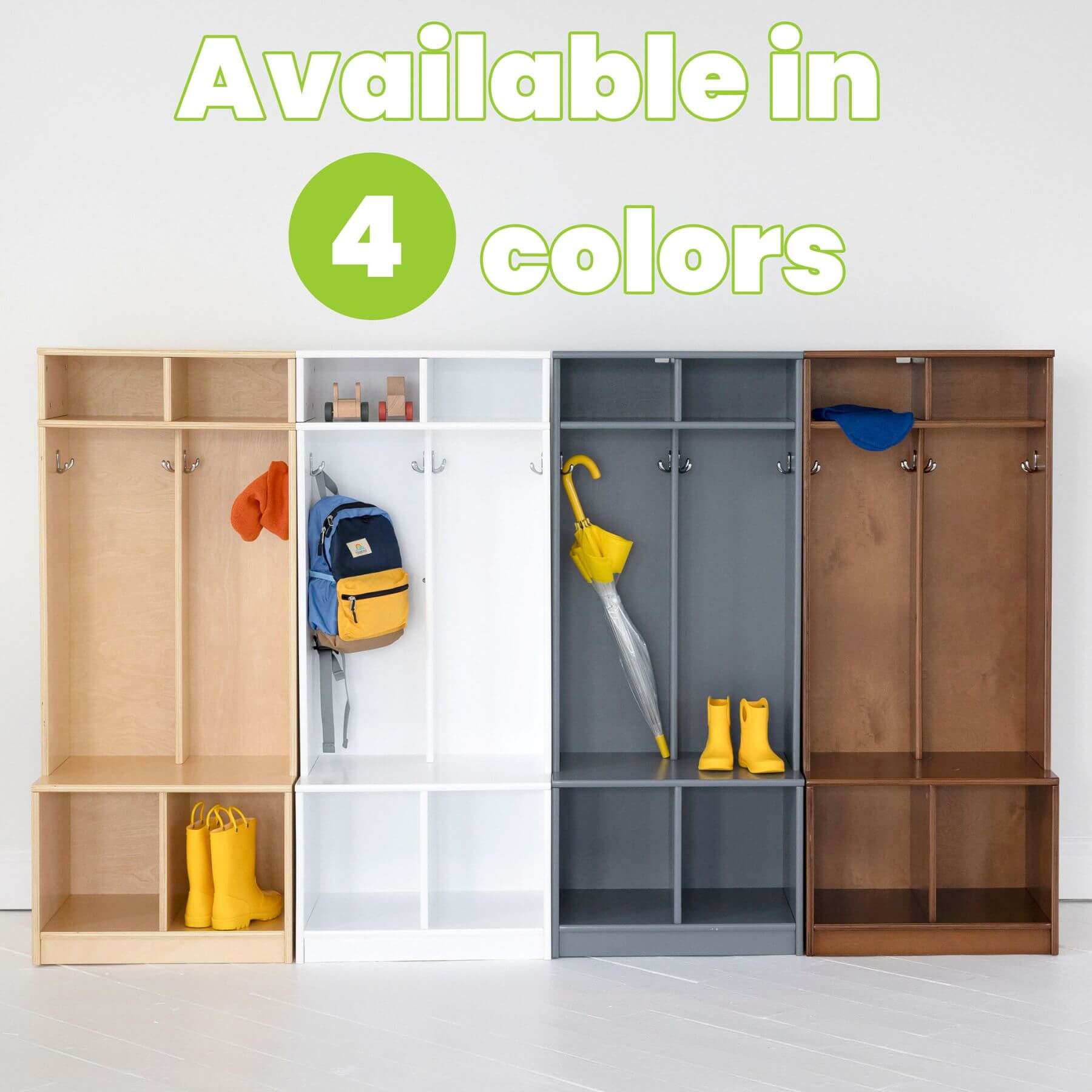 Little Partners Learn 'N Store Cubby in various colors with items inside on a white background.