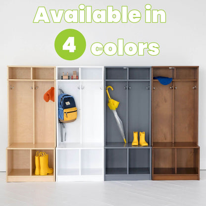 Little Partners Learn 'N Store Cubby in various colors with items inside on a white background.