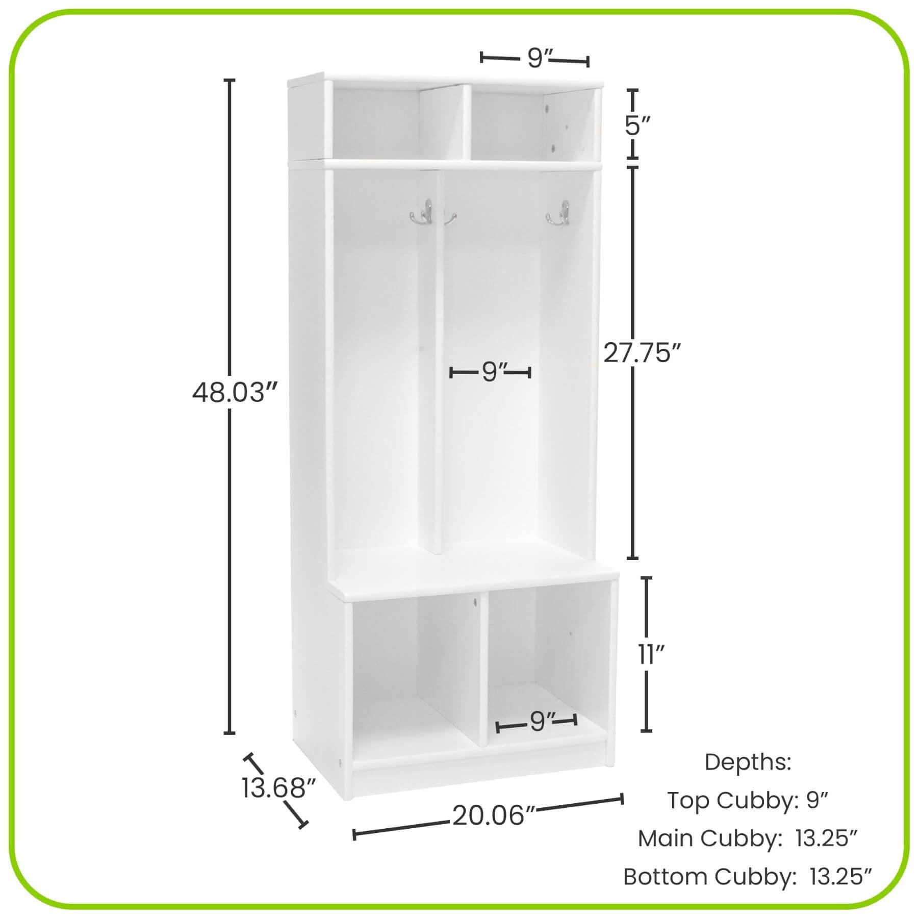 Little Partners Learn 'N Store Cubby with dimensions labeled on a white background