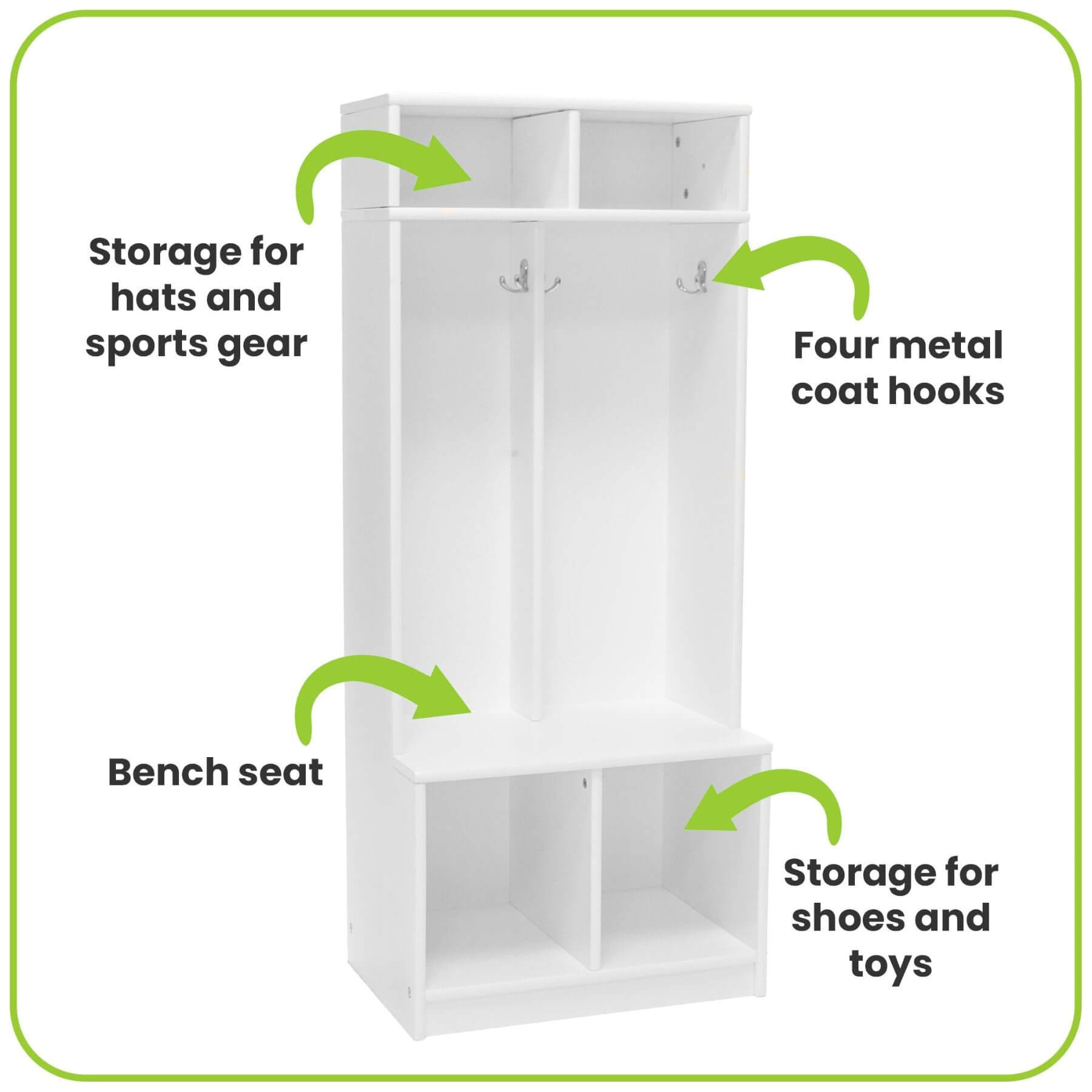 Little Partners Learn 'N Store Cubby and hooks, labeled for use.