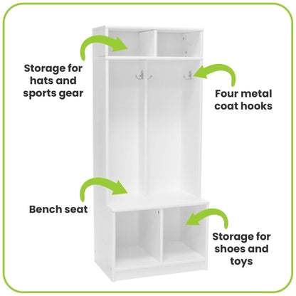 Little Partners Learn 'N Store Cubby and hooks, labeled for use.