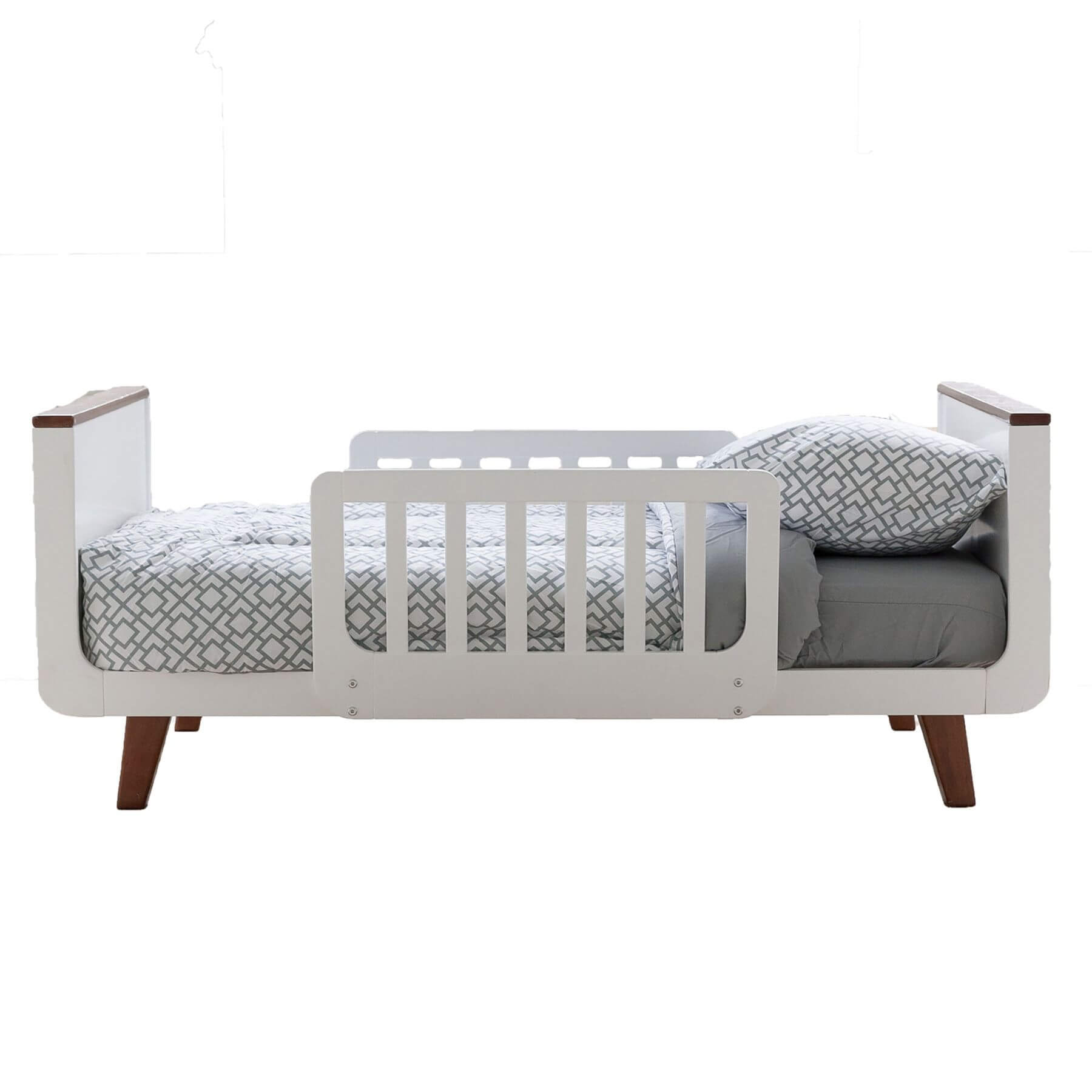 Little Partners MOD Toddler Bed Espresso & White and gray bedding on a white background