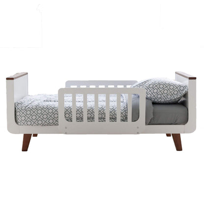 Little Partners MOD Toddler Bed Espresso & White and gray bedding on a white background