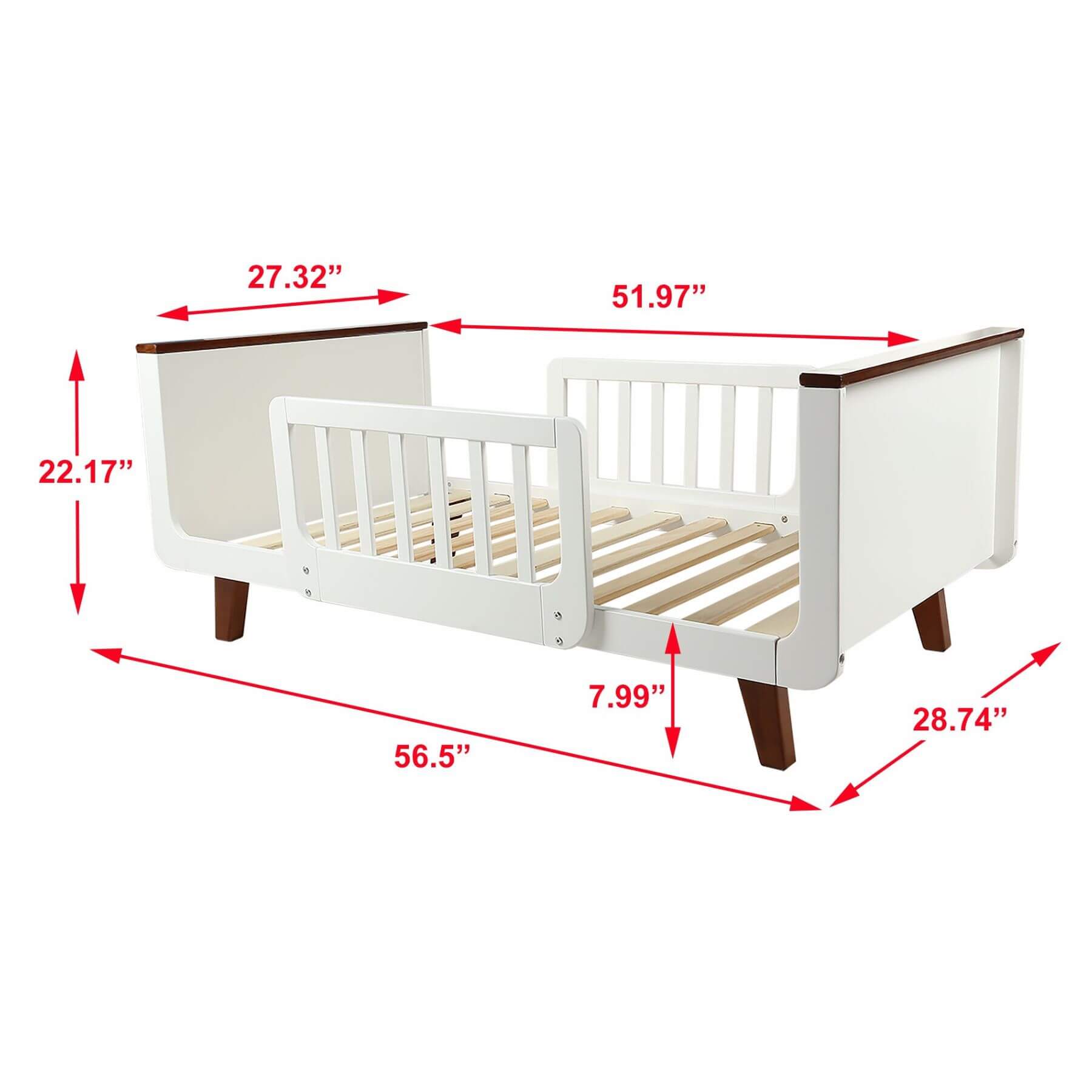 Little Partners MOD Toddler Bed Espresso & White with dimensions marked on a white background
