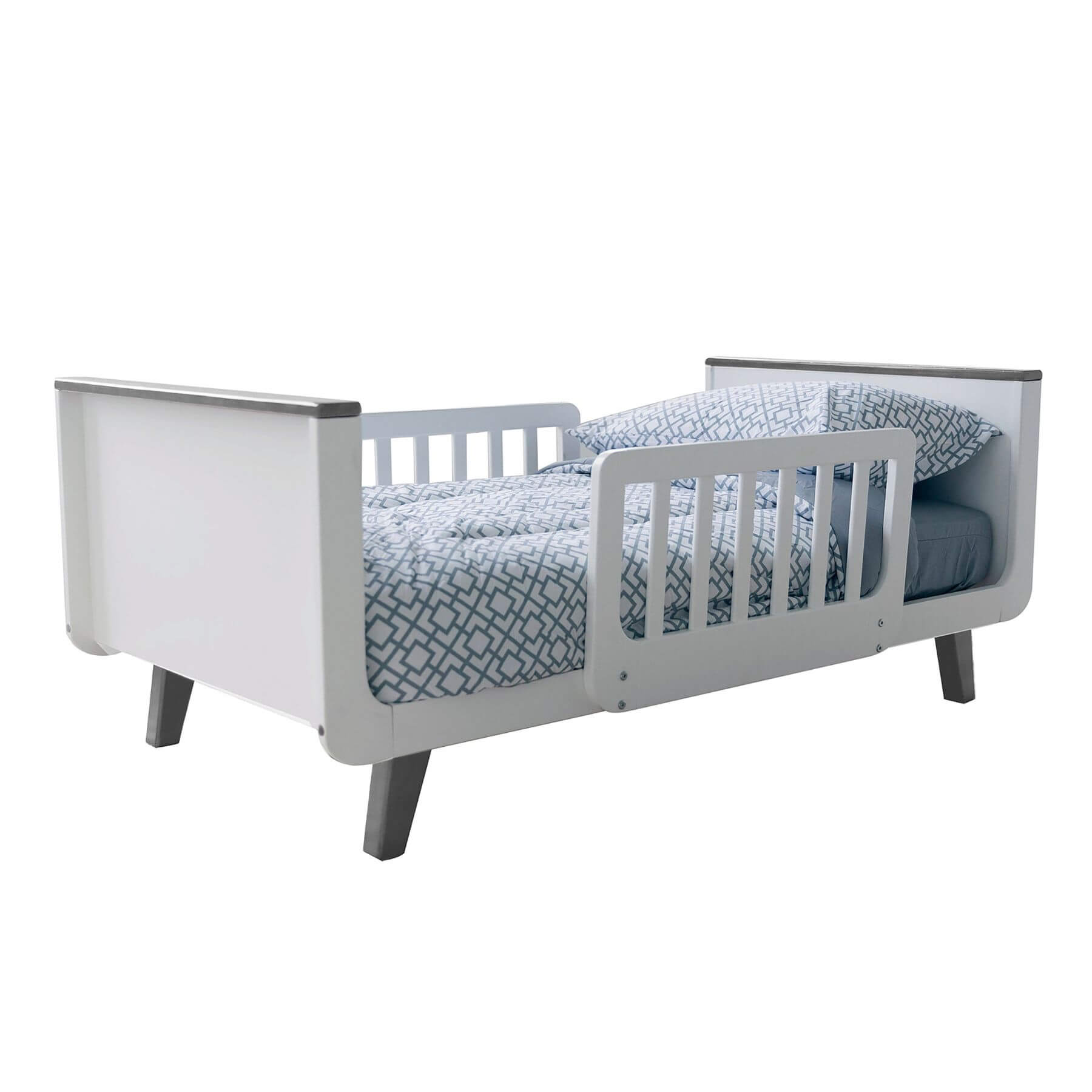Little Partners MOD Toddler Bed Espresso & White and blue patterned mattress on a white background
