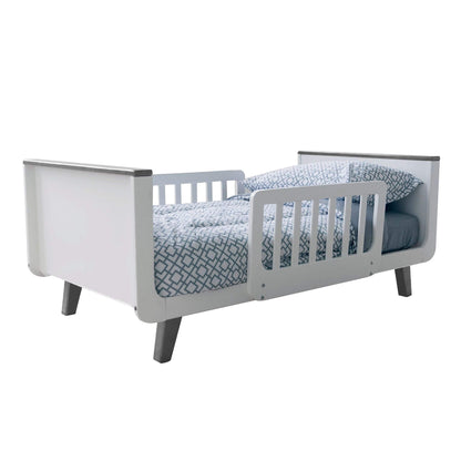 Little Partners MOD Toddler Bed Espresso & White and blue patterned mattress on a white background