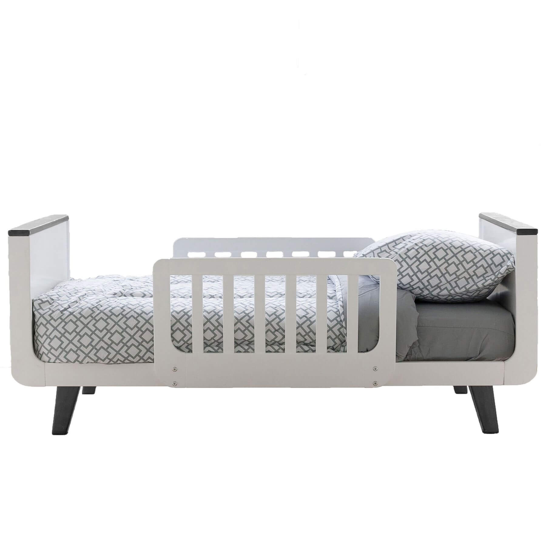 Little Partners MOD Toddler Bed Grey & White with gray mattress and patterned pillow on a white background
