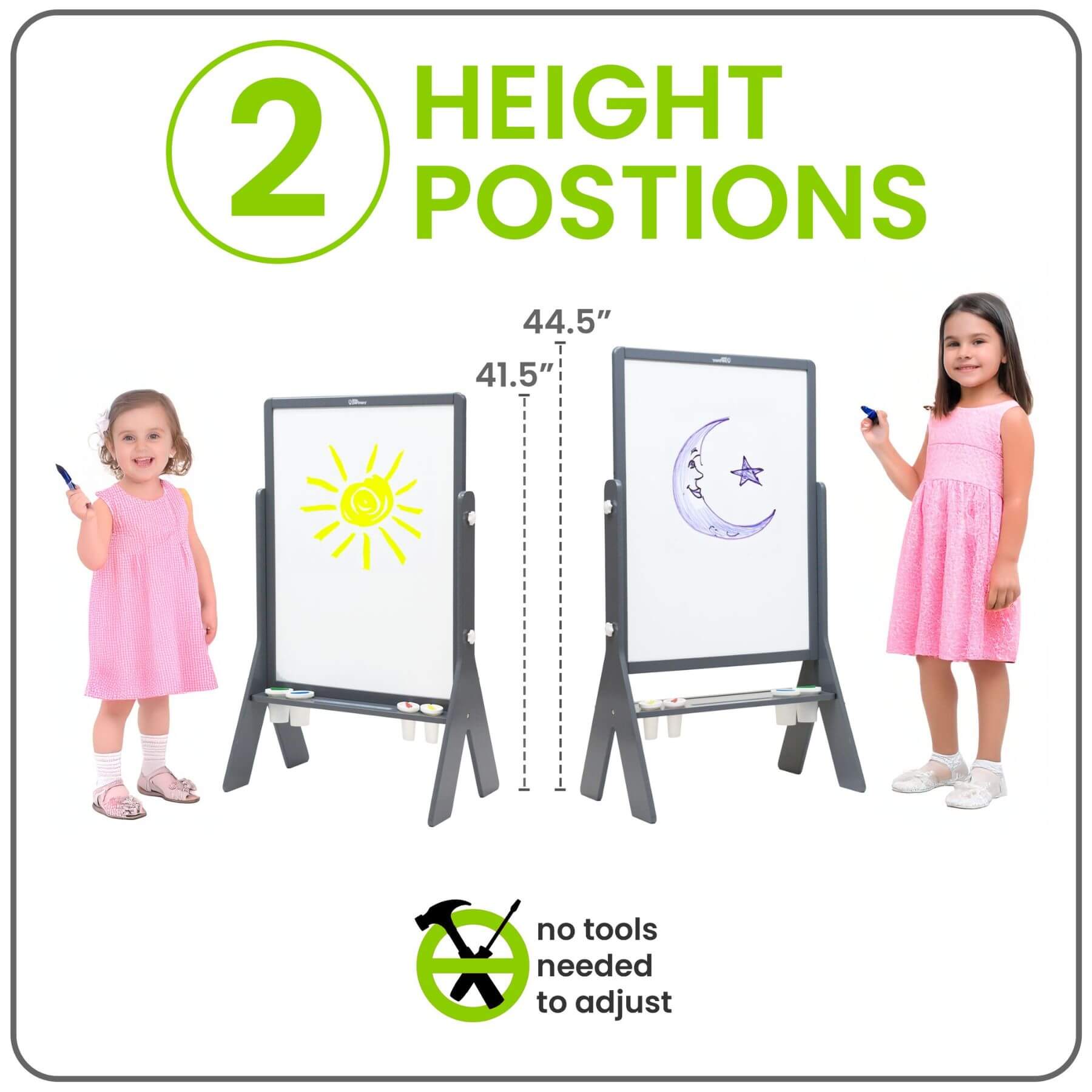 Girl Standing next to Little Partners Peek-A-Boo Easel Grey