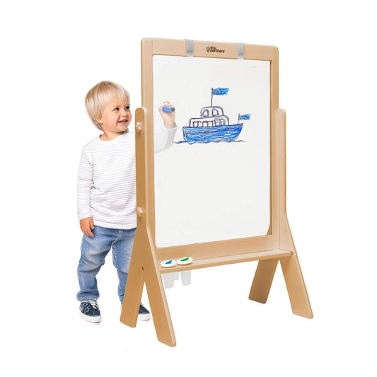 Boy Drawing on Little Partners Peek-A-Boo Easel Natural