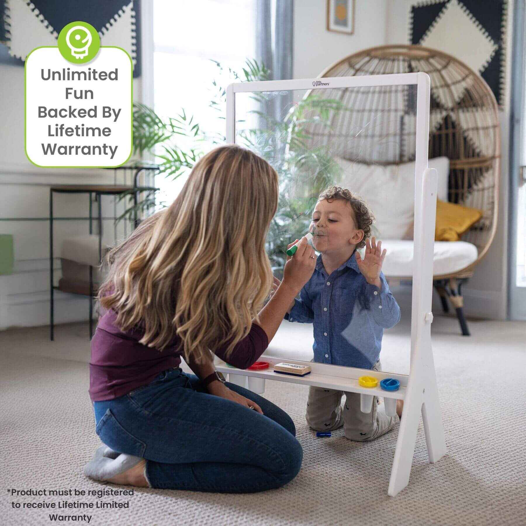 Mom & Kid Drawing on Little Partners Peek-A-Boo Easel White